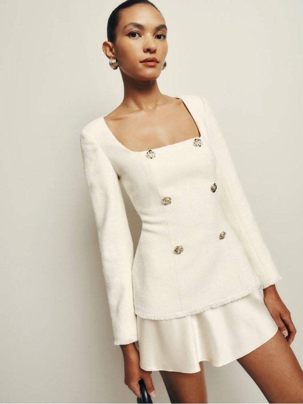 NWT Reformation Cream Ivory Square Neck Raw Hem Tweed Jacket Blazer Size 4